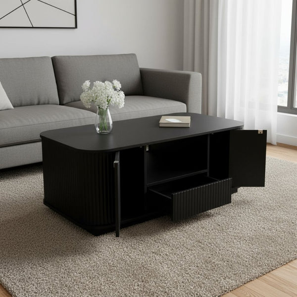 HomeRoots 47" Black Oval Coffee Table with Storage - Stylish, Durable Design for Modern Living Spaces & Offices 694834