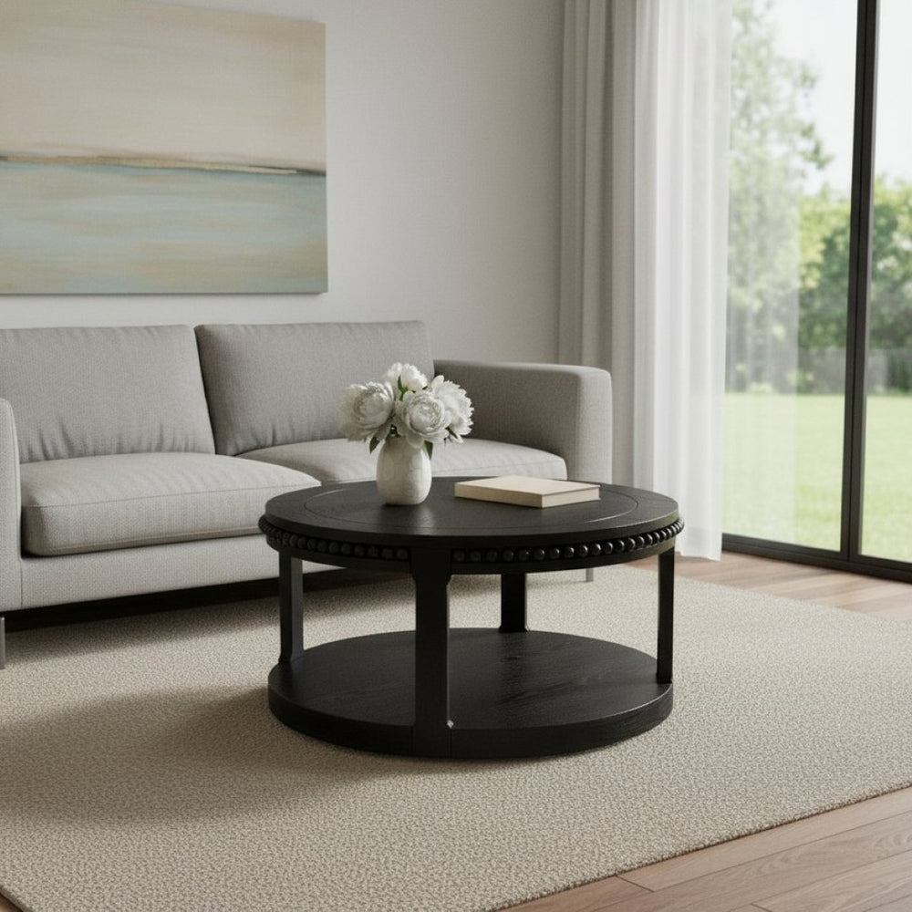 HomeRoots 32" Modern Classic Black Wood Round Coffee Table with Two-Tier Storage, Beaded Edge & Easy Assembly 694835