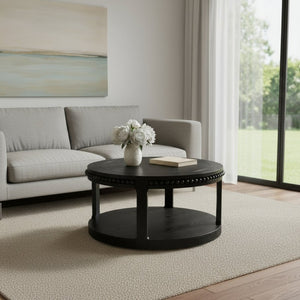 HomeRoots 32" Modern Classic Black Wood Round Coffee Table with Two-Tier Storage, Beaded Edge & Easy Assembly 694835
