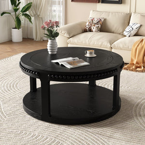 HomeRoots 32" Modern Classic Black Wood Round Coffee Table with Two-Tier Storage, Beaded Edge & Easy Assembly 694835
