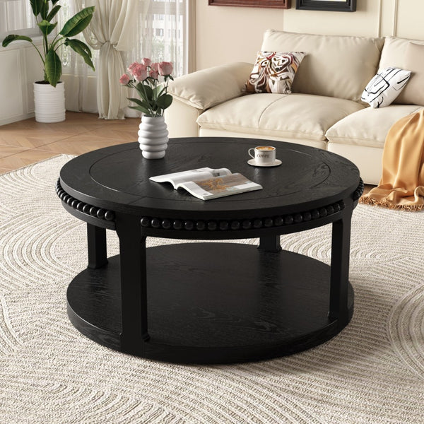 HomeRoots 32" Modern Classic Black Wood Round Coffee Table with Two-Tier Storage, Beaded Edge & Easy Assembly 694835