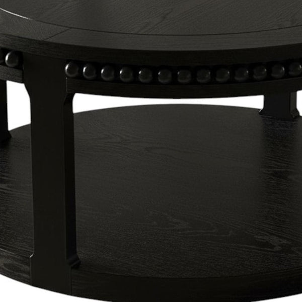 HomeRoots 32" Modern Classic Black Wood Round Coffee Table with Two-Tier Storage, Beaded Edge & Easy Assembly 694835