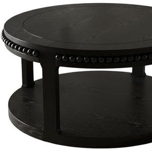 HomeRoots 32" Modern Classic Black Wood Round Coffee Table with Two-Tier Storage, Beaded Edge & Easy Assembly 694835