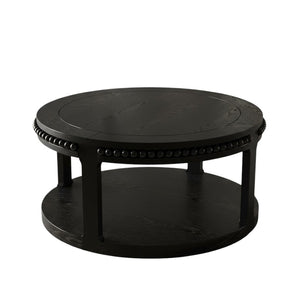 HomeRoots 32" Modern Classic Black Wood Round Coffee Table with Two-Tier Storage, Beaded Edge & Easy Assembly 694835