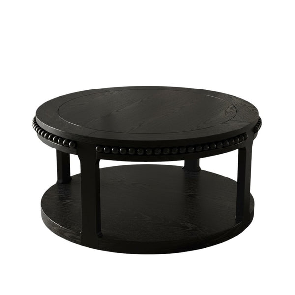 HomeRoots 32" Modern Classic Black Wood Round Coffee Table with Two-Tier Storage, Beaded Edge & Easy Assembly 694835