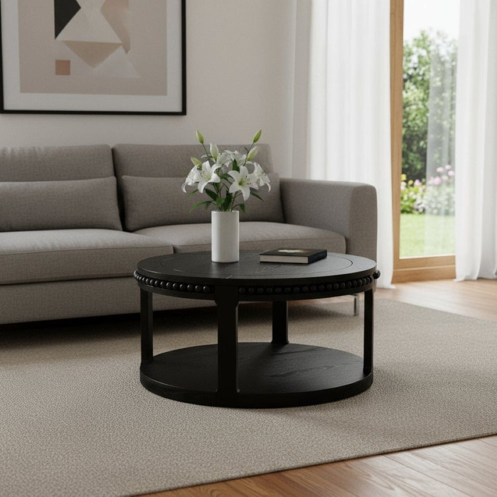 HomeRoots 32" Modern Classic Black Wood Round Coffee Table with Two-Tier Storage, Beaded Edge & Easy Assembly 694835