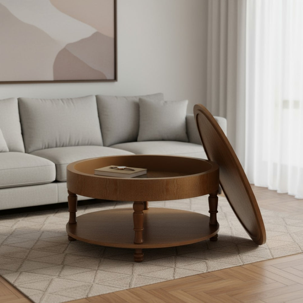 HomeRoots 32" Natural Wood Round Coffee Table with Lift-Top Hidden Storage & Stylish Open Shelf Display 694836