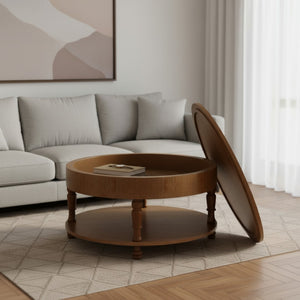 HomeRoots 32" Natural Wood Round Coffee Table with Lift-Top Hidden Storage & Stylish Open Shelf Display 694836