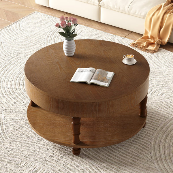 HomeRoots 32" Natural Wood Round Coffee Table with Lift-Top Hidden Storage & Stylish Open Shelf Display 694836
