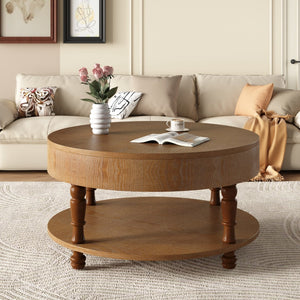 HomeRoots 32" Natural Wood Round Coffee Table with Lift-Top Hidden Storage & Stylish Open Shelf Display 694836