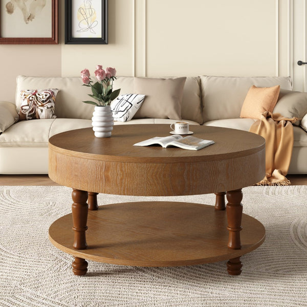 HomeRoots 32" Natural Wood Round Coffee Table with Lift-Top Hidden Storage & Stylish Open Shelf Display 694836
