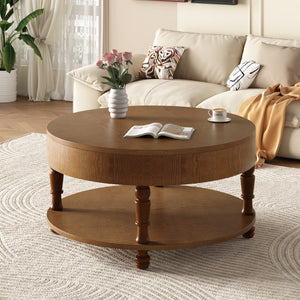 HomeRoots 32" Natural Wood Round Coffee Table with Lift-Top Hidden Storage & Stylish Open Shelf Display 694836
