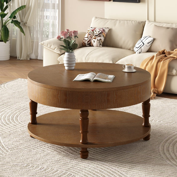 HomeRoots 32" Natural Wood Round Coffee Table with Lift-Top Hidden Storage & Stylish Open Shelf Display 694836