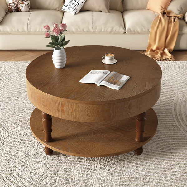 HomeRoots 32" Natural Wood Round Coffee Table with Lift-Top Hidden Storage & Stylish Open Shelf Display 694836