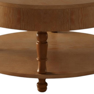 HomeRoots 32" Natural Wood Round Coffee Table with Lift-Top Hidden Storage & Stylish Open Shelf Display 694836
