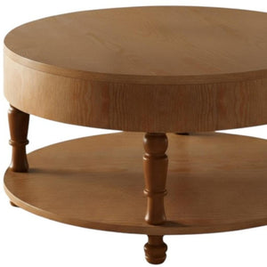 HomeRoots 32" Natural Wood Round Coffee Table with Lift-Top Hidden Storage & Stylish Open Shelf Display 694836