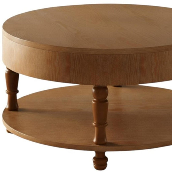 HomeRoots 32" Natural Wood Round Coffee Table with Lift-Top Hidden Storage & Stylish Open Shelf Display 694836