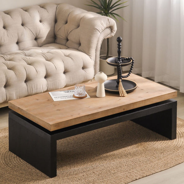 HomeRoots 48" Striking Two-Tone Floating Frame Coffee Table – Modern Natural Wood and Black Base Design 694838