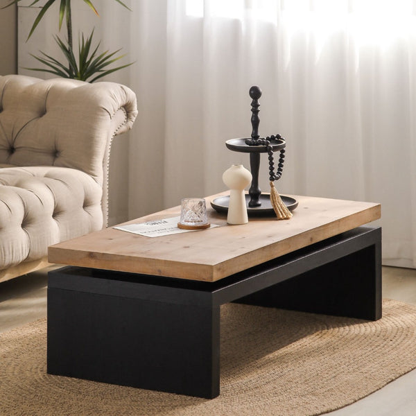 HomeRoots 48" Striking Two-Tone Floating Frame Coffee Table – Modern Natural Wood and Black Base Design 694838