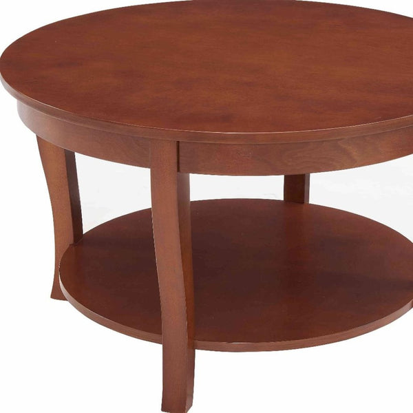 HomeRoots 30" Elegant Walnut Wood Round Coffee Table with Shelf - Perfect for Small Spaces & Stylish Storage 694841