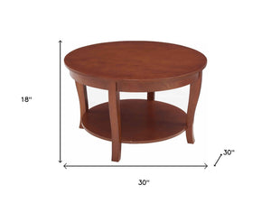HomeRoots 30" Elegant Walnut Wood Round Coffee Table with Shelf - Perfect for Small Spaces & Stylish Storage 694841