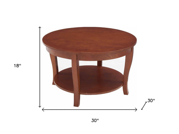 HomeRoots 30" Elegant Walnut Wood Round Coffee Table with Shelf - Perfect for Small Spaces & Stylish Storage 694841