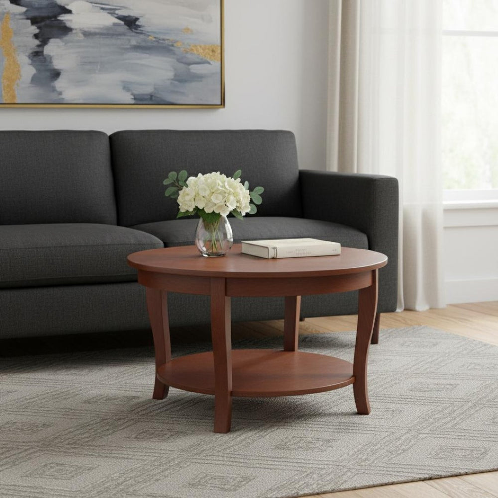 HomeRoots 30" Elegant Walnut Wood Round Coffee Table with Shelf - Perfect for Small Spaces & Stylish Storage 694841
