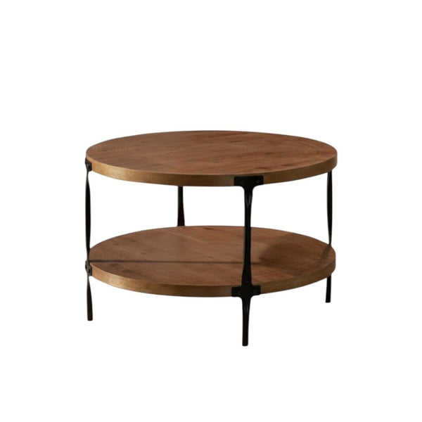 HomeRoots 31" Modern Rustic Round Coffee Table – Walnut & Black Steel, Two-Tier Design for Stylish Storage 694842