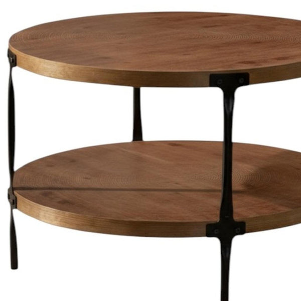 HomeRoots 31" Modern Rustic Round Coffee Table – Walnut & Black Steel, Two-Tier Design for Stylish Storage 694842