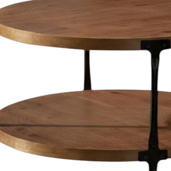 HomeRoots 31" Modern Rustic Round Coffee Table – Walnut & Black Steel, Two-Tier Design for Stylish Storage 694842