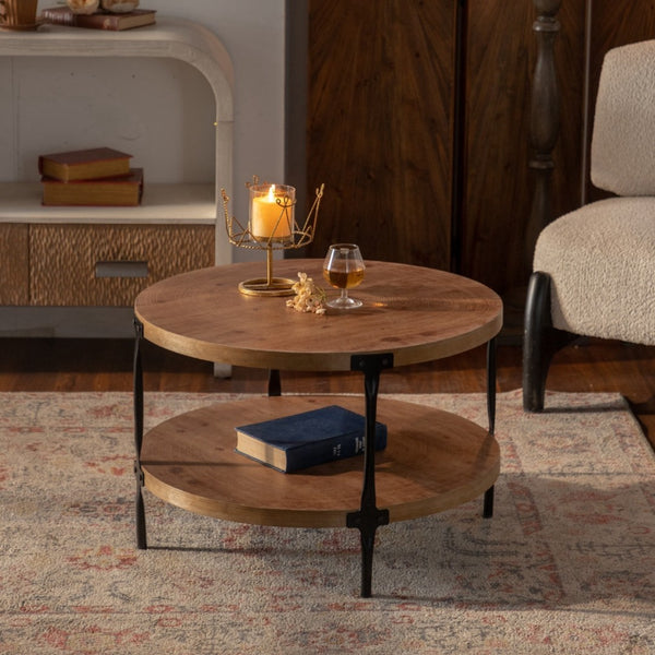 HomeRoots 31" Modern Rustic Round Coffee Table – Walnut & Black Steel, Two-Tier Design for Stylish Storage 694842