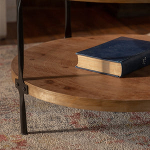 HomeRoots 31" Modern Rustic Round Coffee Table – Walnut & Black Steel, Two-Tier Design for Stylish Storage 694842