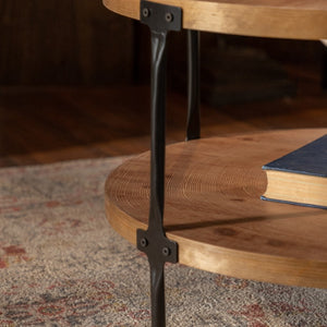 HomeRoots 31" Modern Rustic Round Coffee Table – Walnut & Black Steel, Two-Tier Design for Stylish Storage 694842