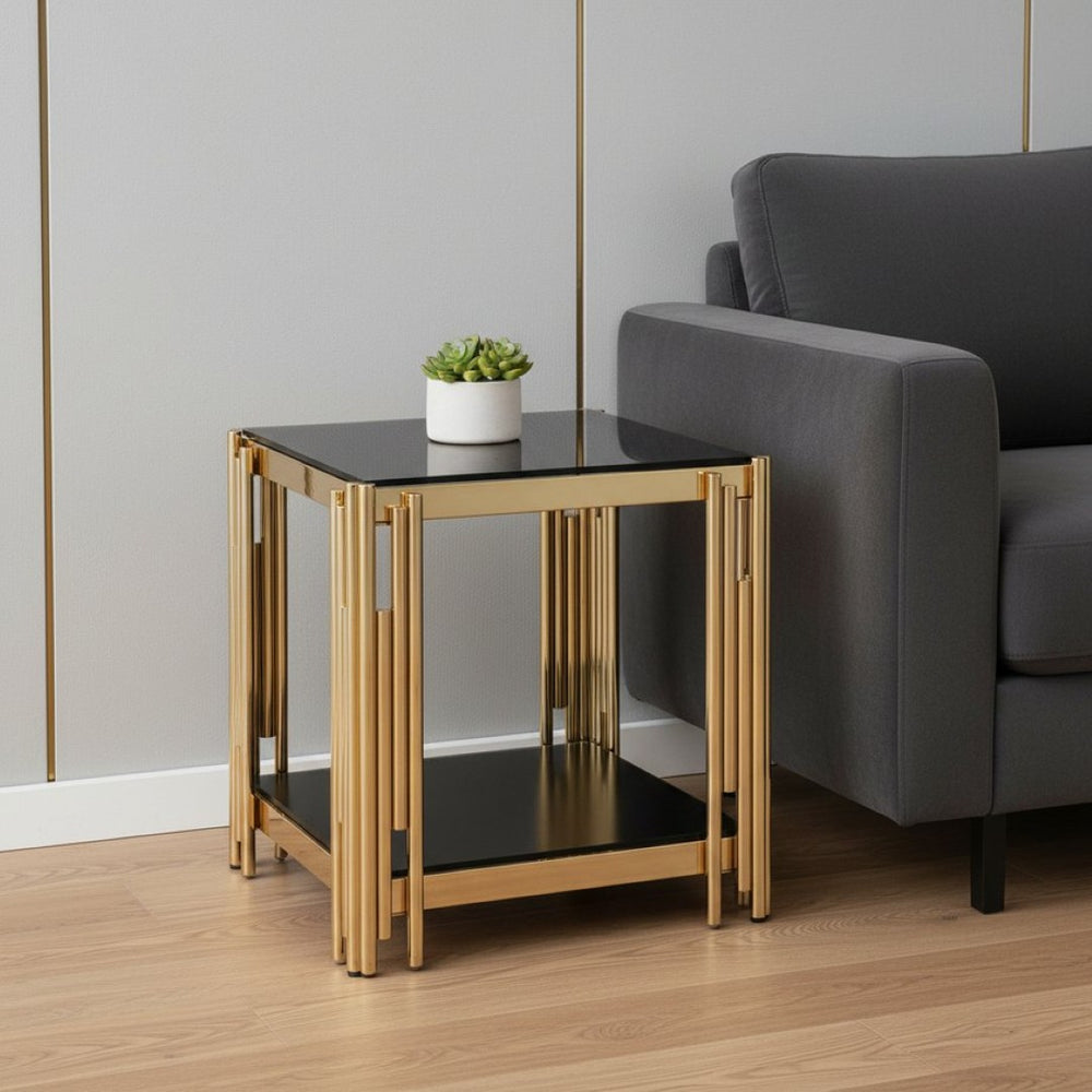HomeRoots 23" Black and Gold Square Coffee Table - Modern Glass & Stainless Steel Centerpiece for Living Spaces 694845