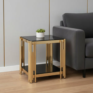 HomeRoots 23" Black and Gold Square Coffee Table - Modern Glass & Stainless Steel Centerpiece for Living Spaces 694845