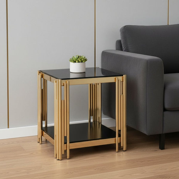 HomeRoots 23" Black and Gold Square Coffee Table - Modern Glass & Stainless Steel Centerpiece for Living Spaces 694845