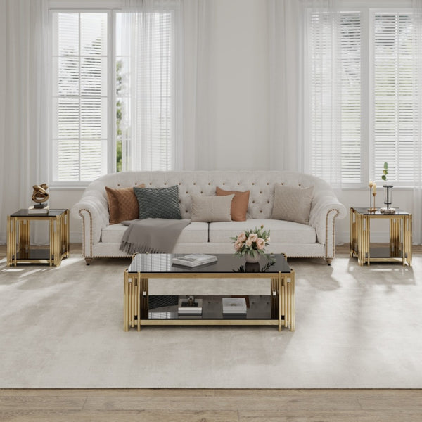 HomeRoots 23" Black and Gold Square Coffee Table - Modern Glass & Stainless Steel Centerpiece for Living Spaces 694845
