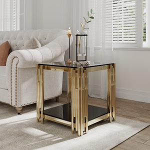 HomeRoots 23" Black and Gold Square Coffee Table - Modern Glass & Stainless Steel Centerpiece for Living Spaces 694845