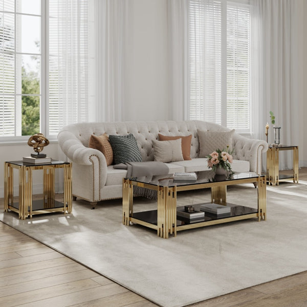 HomeRoots 23" Black and Gold Square Coffee Table - Modern Glass & Stainless Steel Centerpiece for Living Spaces 694845