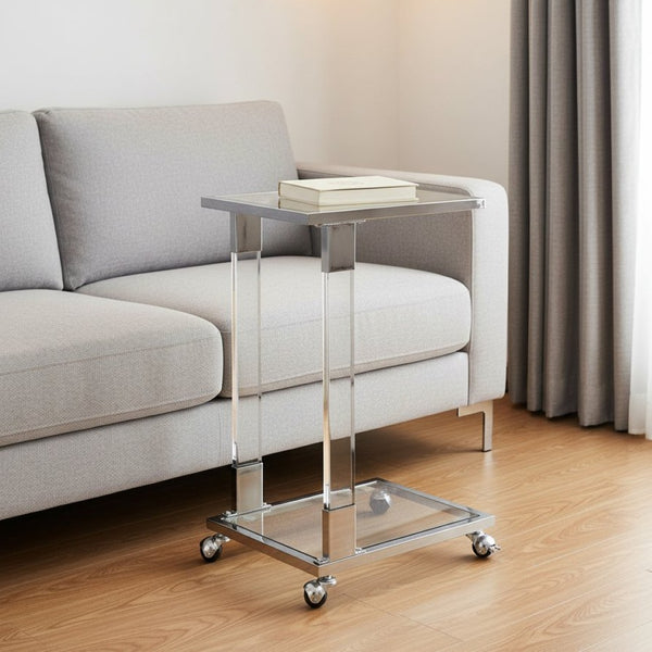 HomeRoots 26" White Glass and Acrylic Square Coffee Table - Modern, Mobile Design for Any Stylish Space 694846