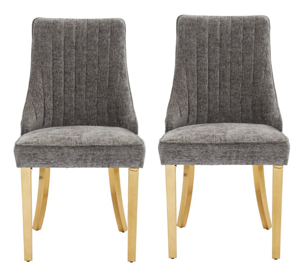 HomeRoots Set of Two Chenille Upholstered Dining Side Chairs with Stainless Steel Legs for Modern Gray / Gold 694854