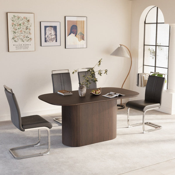 English Elm 63 Inch Mdf Dining Table Set with Four Pu Leather Chairs Silver Metal Legs Modern Brown+Gray W2189S00884