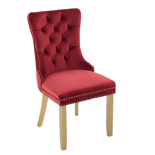 HomeRoots Set of Two Elegant Red Velvet Tufted Dining Chairs with Gold Accents for Stylish Spaces 694870