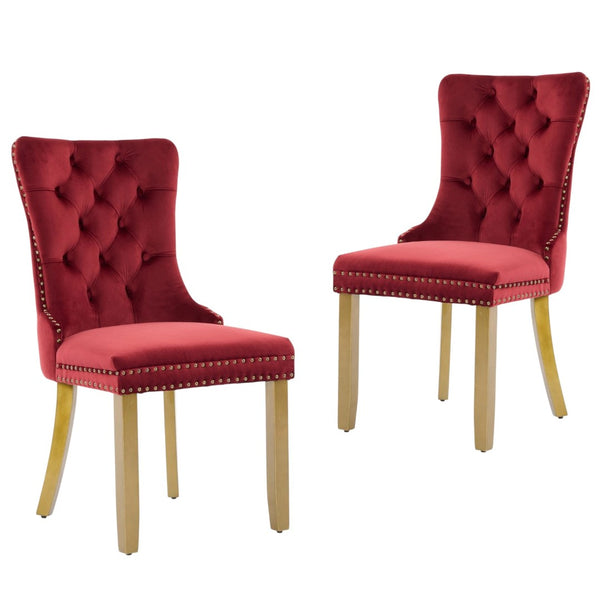 HomeRoots Set of Two Elegant Red Velvet Tufted Dining Chairs with Gold Accents for Stylish Spaces 694870