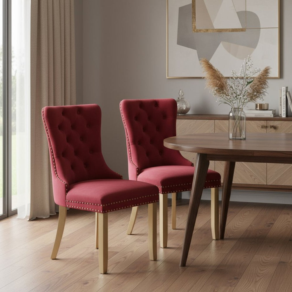 HomeRoots Set of Two Elegant Red Velvet Tufted Dining Chairs with Gold Accents for Stylish Spaces 694870