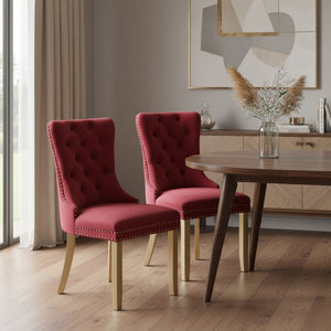 HomeRoots Set of Two Elegant Red Velvet Tufted Dining Chairs with Gold Accents for Stylish Spaces 694870