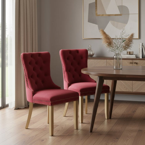 HomeRoots Set of Two Elegant Red Velvet Tufted Dining Chairs with Gold Accents for Stylish Spaces 694870