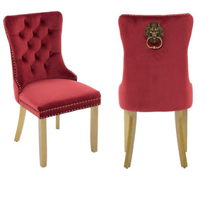 HomeRoots Set of Two Elegant Red Velvet Tufted Dining Chairs with Gold Accents for Stylish Spaces 694870