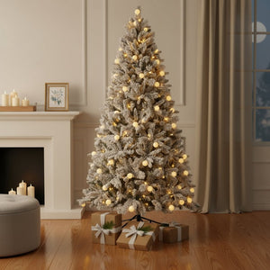 HomeRoots 7.5' White Pre Lit Flocked Fir Christmas Tree - Snowy Elegance with Multicolored LED Lights for Festive Joy 84 694871