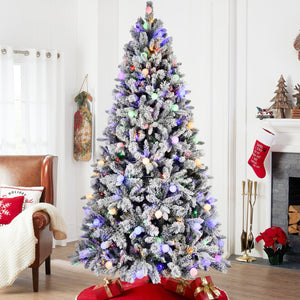 HomeRoots 7.5' White Pre Lit Flocked Fir Christmas Tree - Snowy Elegance with Multicolored LED Lights for Festive Joy 84 694871